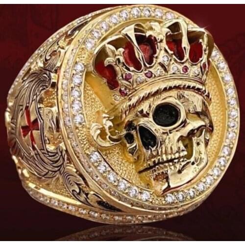 Personlity 3D Stereo Engraving Crown Skull Rings for Women Men Hip Hop Gold Color Red Zircon Skeleton Biker Ring Party Jewelry