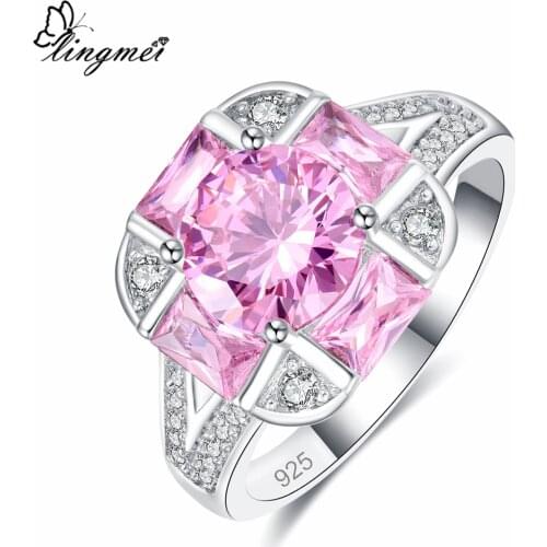 Lingmei Wedding Band Round Cut New Arrival Pink Purple White Zircon Silver Color Ring for Women Size 6 7 8 9 Christmas gift