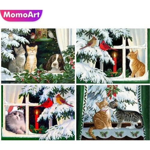MomoArt Full Square Diamond Embroidery Cat Cross Stitch Snow Diamond Painting Animal Handmade Gift Christmas Decorations