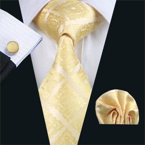 FA-1036 Men`s Tie Yellow Novelty Silk Jacquard Neck Tie Tie Hanky Cufflink Set Ties For Men Business Wedding Party Free Shipping