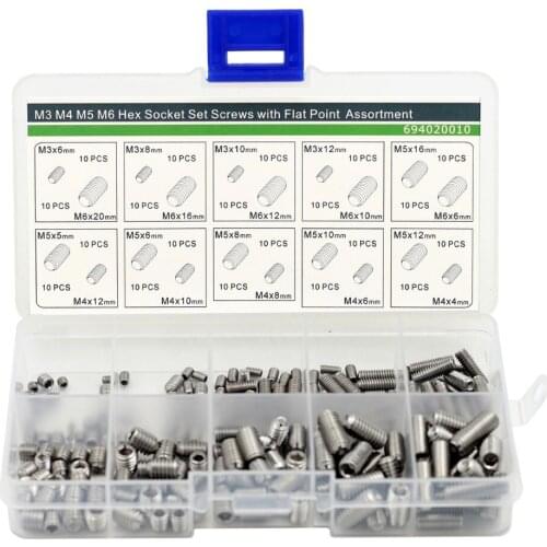 Hex Socket Set Screws with Flat Piont Assortment Kit,Stainless Steel,200 pieces