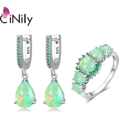 CiNily Lavish Big Green Fire Opal Rings Earring Sets Silver Plated with CZ Crystal Bohemia for Woman Fashion Jewelry Set