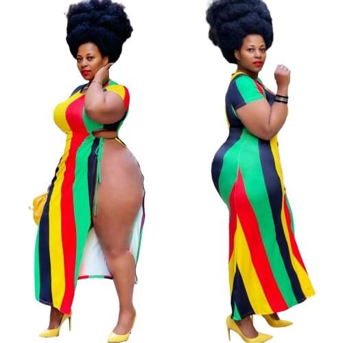 New Plus Size Womens Summer Sexy Long Skirt Fashion Print Round Neck Pleated Slit Dress