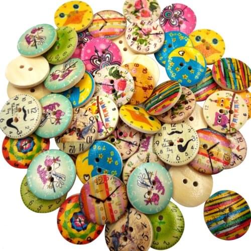 New 50Pcs Printed Round 2 Holes Wooden Decorative Buttons for Sewing Crafting 20mm Sewing Accessories Supplies Decoration Crafts