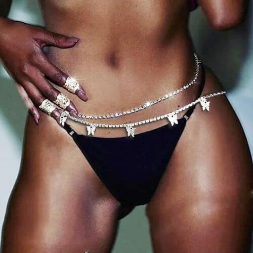 New Silver Color Iced Out 5mm Cz Tennis Chain Butterfly Charm Body Jewelry Summer Sexy Hot Selling Women Girls Belly Chains
