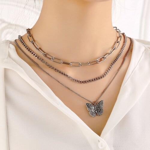 Punk Hip Hop Gothic Silver Color Butterfly Stainless Steel Pendant Necklace Bohe Harajuku Style Butterfly Choker Necklace Unisex