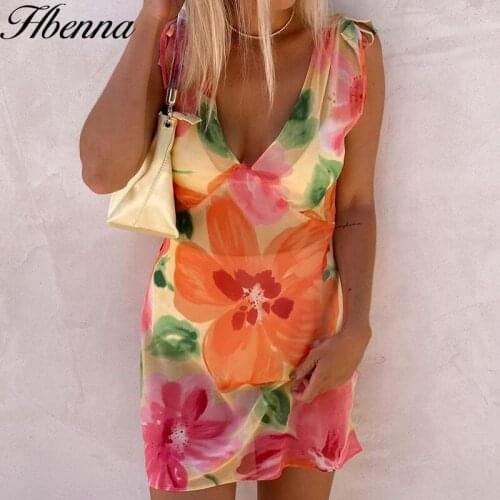 Hbenna Sleeveless Summer Dress Women V-Neck Print Sexy Mini Dresses Chiffon Elegant Beach Slim Party Dress Flowers Print Clothes