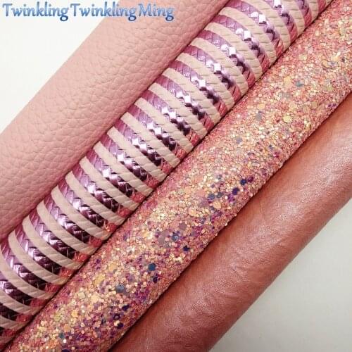PINK Glitter Fabric, Metallic Faux Fabric, Stripes Synthetic Leather Fabric Sheets For Bow A4 21x29CM Twinkling Ming XM848
