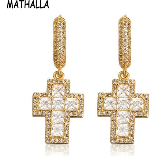 MATHALLA Simple Iced Out Square Zircon Cross Drop Earring HipHop Cross Pendant Hoop Earring Gold Huggie Men Cross Earring