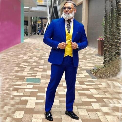 Royal Blue Men Suits Peaked Lapel Prom Suits Slim Fit Blazer Jacket Men Costume Mariage Homme 3 Piece Coat+Vest+Pant