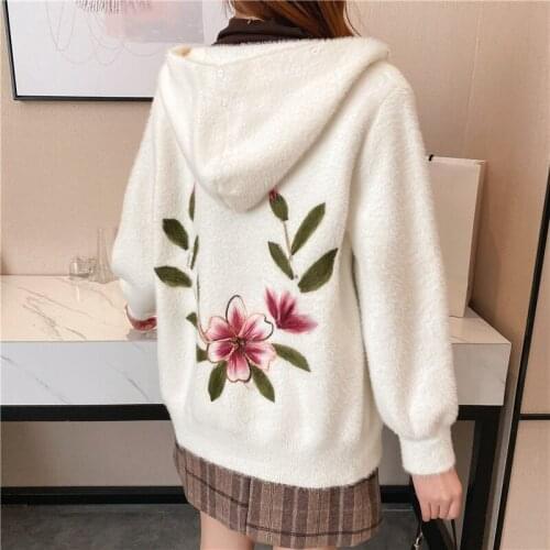 Faux Mink Velvet Coat 2020 New Autumn Winter Hooded Knitted Jacket Short Single-breasted Embroidery Fashion Woolen Coat Outwear