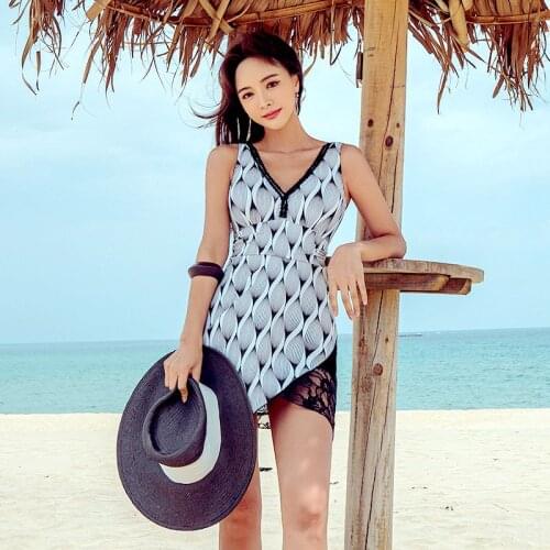 2020 Breathable Quick-Dry Swimsuit Asymmetric Half Angel Half Temptation One-Piece Skirt Cover Belly Slim Thin High Waist Lace