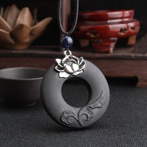 WEIYU Vintage Buddha Yoga Necklace Buddhism Lotus Black Wood Pendant Necklace Long Necklace Women Jewelry Gift collares mujer