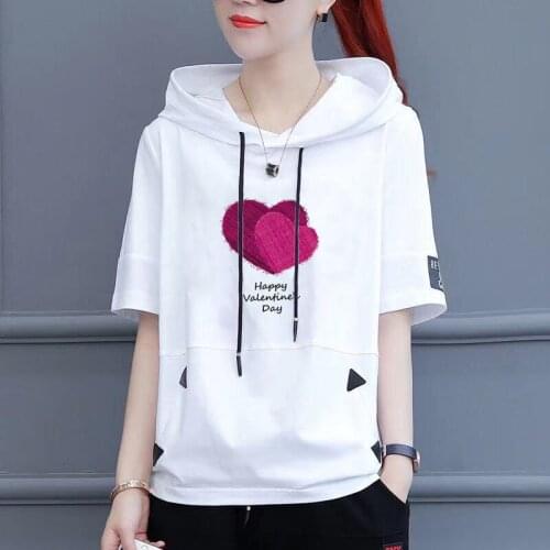 Hooded T-shirt Womens Short Sleeve 2021 New Summer Slimming Youthful-Looking Half-Sleeved Loose Korean Sweatshirts Women