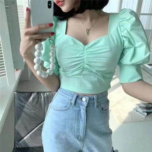 Solid green spring and autumn crop top women Square collar Pullover holiday Casual tank top Puff Sleeves Loose Fit cropped