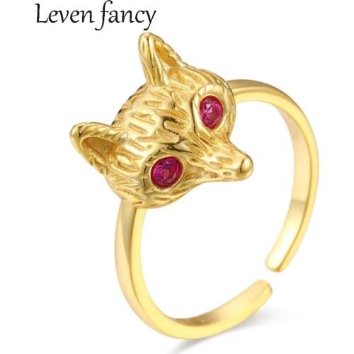 925 Sterling Silver Golden Fox Ring for Women Red Ruby Birthstone Animal Adjustable Open Ring Anniversary Birthday Jewelry Gift