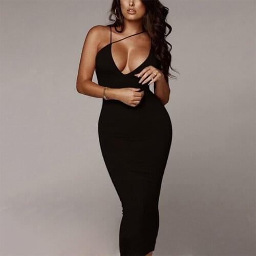 2020 Summer Women Clothes Bodycon Long Midi Dress Solid Black Sleeveless Backless Strappy Sexy V Neck Tight Evening Party Dress