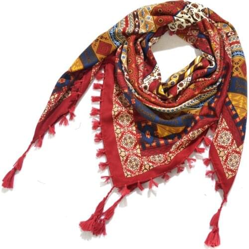 115*115cm Women National Cotton Square Scarf Female Bohemian Floral Print Shawls Scarves Retro Knot Tassel Bandana Foulard Wrap