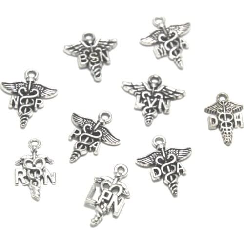 15pcs medical sign charm Nurse RN NP BSN MA LVN PA RN LPN DA DH Charms Antique silver Nurse Charms pendants 11x20mm