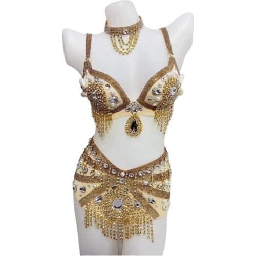 Shining Rhinestone Pearls Bikini Suit Women Sexy Crystal Tassel Bra Shorts Stage Outfit Sets Club Pole Dance Performance Wear