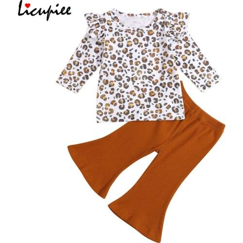 1-4 Years Baby Leopard Print Long Sleeves + Long Flared Pants, Ruffle Shoulder Decoration Elastic High Waist Spring Clothing