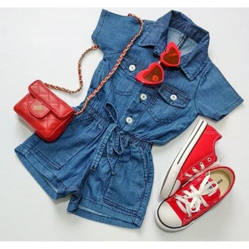 Dropshipping Toddler Kids Baby Girl Blue Denim Romper Turn-down Collar Short Sleeve Jumpsuit Baby Girl Streetwear Jumpsuits 0-4Y