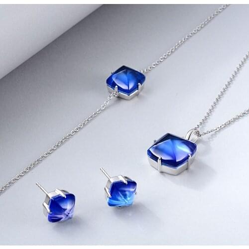 E Jewelry 925 Sterling Silver Jewellery Sets for Women Blue Crystal Necklace Earrings Bracelet Set korean Girls Gift 2019
