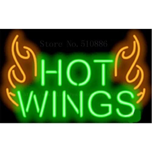 Hot Wings with Flames NEON SIGN REAL GLASS BEER BAR PUB LIGHT SIGNS store display Restaurant shop food Advertising Lights 17*14"
