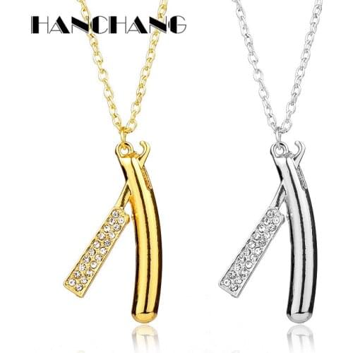 Hair Dresser Tools Necklace Rhinestones Razor Pendant Necklace Chain Charm Barber Shop Cosmetologist Jewelry Hairdresser Gift