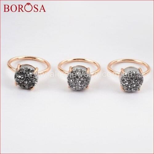 BOROSA Rose Gold Color 10mm Round Titanium Druzy Ring for Women, Size 6 & 7 Fashion Rainbow Drusy Ring Gems ZG0235