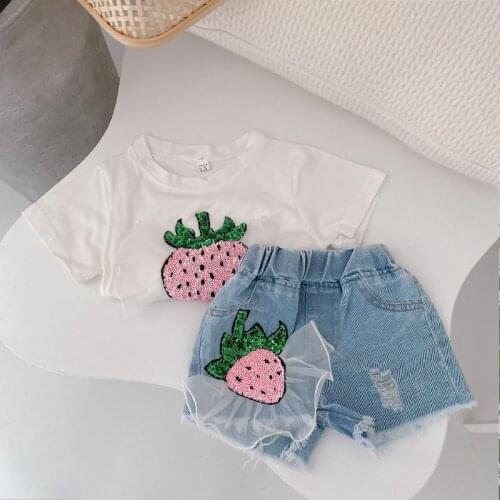 2 3 4 5 6 Years Toddler Girl Sets Fashionable Strawberry Short-sleeved T-shirt Denim Shorts Baby Kids Clothing Summer Girl 2pcs
