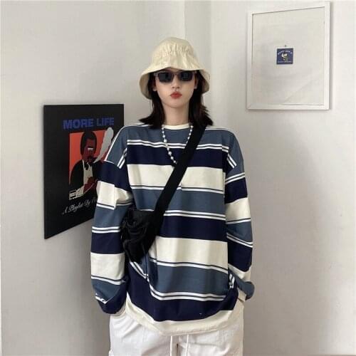 Korea Harajuku Hip-Hop Street Bottomed Shirt T-Shirt Women 2021 Vintage Stripelong Sleeve Top Aesthetic Clothing Winter Clothes