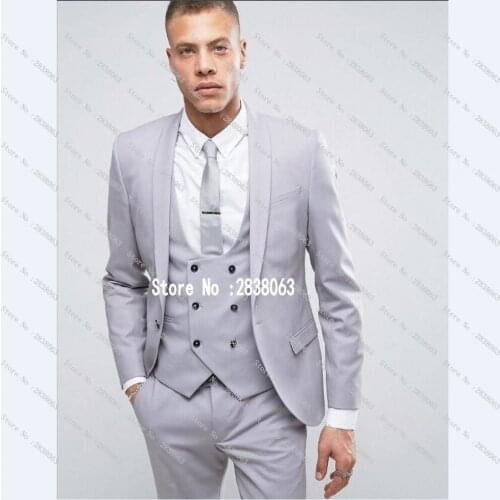 Custom MAde Groomsmen Shawl Lapel Groom Tuxedos Silver Grey Men Suits Wedding Best Man Blazer (Jacket+Pants+Tie+Vest) C92