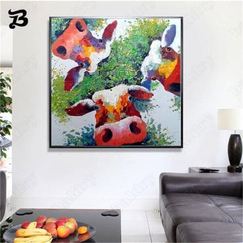 Colorful Cow Canvas Painting Wall Art Funny Coll Cartoon Caw Painting Modern Abstract Green Farm Wall Pictures Cattle Home Decor