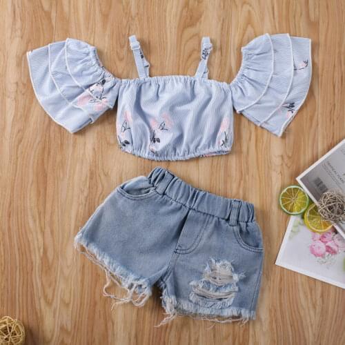 CANIS Summer Baby Sets Cute Kids Baby Girl Off Shoulder Ruffles Floral Printed Crop Tops T-Shirt Ripped Denim Shorts Outfit