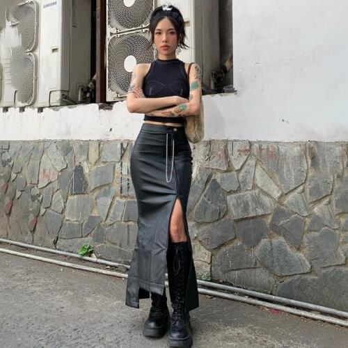 Streetwear Fashion Irregular Slit Black Pu Leather Skirt Sexy High Waist Chain Zipper Skirts 2021 Spring Women Clothes