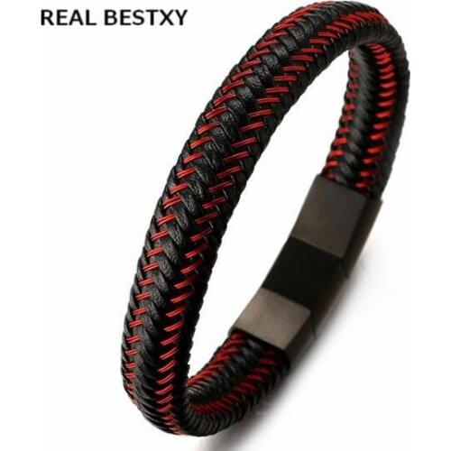 REAL BESTXY Stainless Steel Bangle Leather Bracelets for women men Magnet clasps cable wire bracelet