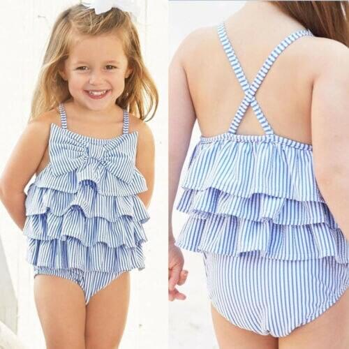 Pudcoco 2019 New Summer Baby Girls Striped Bow Blue Sleeveless Ruffle Bodysuit Outfits Cute Clothing
