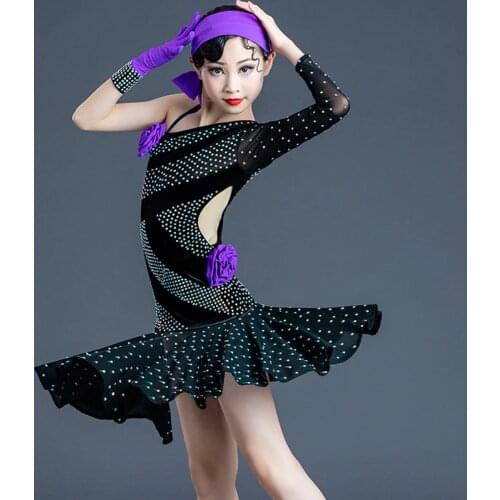 New High-End Latin Dance Costumes For Girls Children Latin Dance Dress Single-Sleeved Black Diamond Performance Clothes DN7959