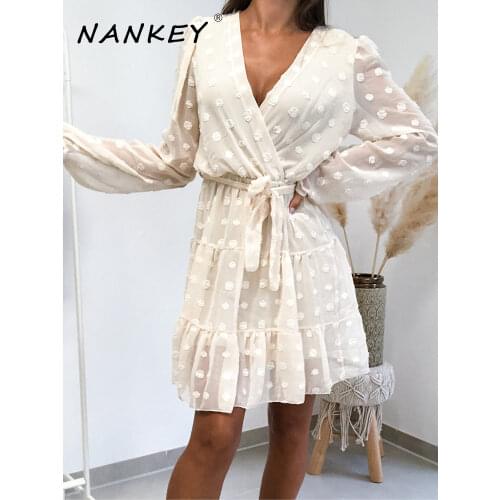 NANKEY Pom Pom Dot Women Chiffon Dress Woman Summer 2021 V Neck Sashes Lace Up Beige Solid Color Dresses Female Clothing