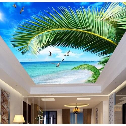 Custom wallpaper ceiling, palm sea blue sky murals for the living room ceiling apartment hotel background wall vinyl wallpaper