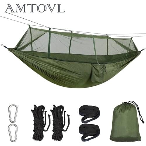 AMTOVL Portable Outdoor Camping Sleeping Hammock with Mosquito Net High Strength Parachute Fabric Hanging Bed For Hunting Swing