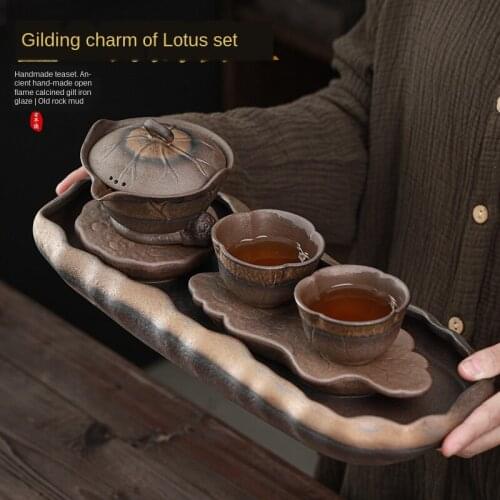Gilded Charm of Lotus Teaware Set Porcelain Kung Fu Tea Set Pot Dry Tea-Making Sets Ceramic Tea Set Tea Set Chinese Gaiwan