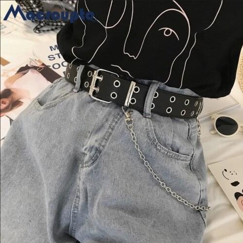 Fashion Harajuku Women Punk Chain Belt Adjustable Black Double/Single Eyelet Grommet Metal Buckle Leather Waistband For Jeans