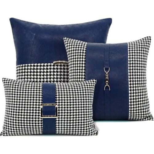 Blue light luxury living room sofa waist pillow case cushion cover black white houndstooth blue PU leather pillow cover