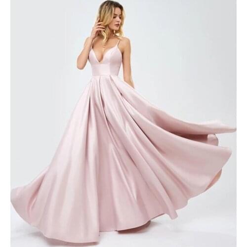 Spaghetti Straps Pink Prom Dresses Ruched Satin Long Evening Gowns Lace Up Robe De Soiree