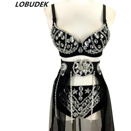 Fashion Sexy Handmade Rhinestone Bikini Set ( Bra + Short + Skirt) 3 Pieces Female DJ Singer Costumes Performance Dance Outfit