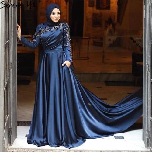 Serene Hill Muslim Navy Blue Evening Dresses 2021 A-Line Satin Long Sleeves Wedding Party Gowns For Women DLA70940