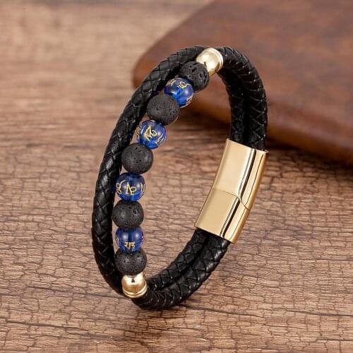 Six Character Mantra Round Beads Bracelet Men Black Multilayer Leather Bracelets Punk Jewelry Stainless Steel Magnet Bangle Gift