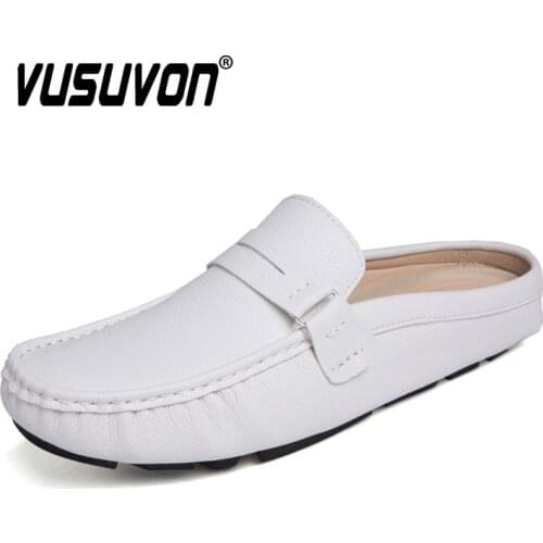 Genuine Cow Men Leather Slippers Outdoor Non-Slip Home Fashion Casual Slides Shoes Rubber Soles Spring Summer Penny Loafers